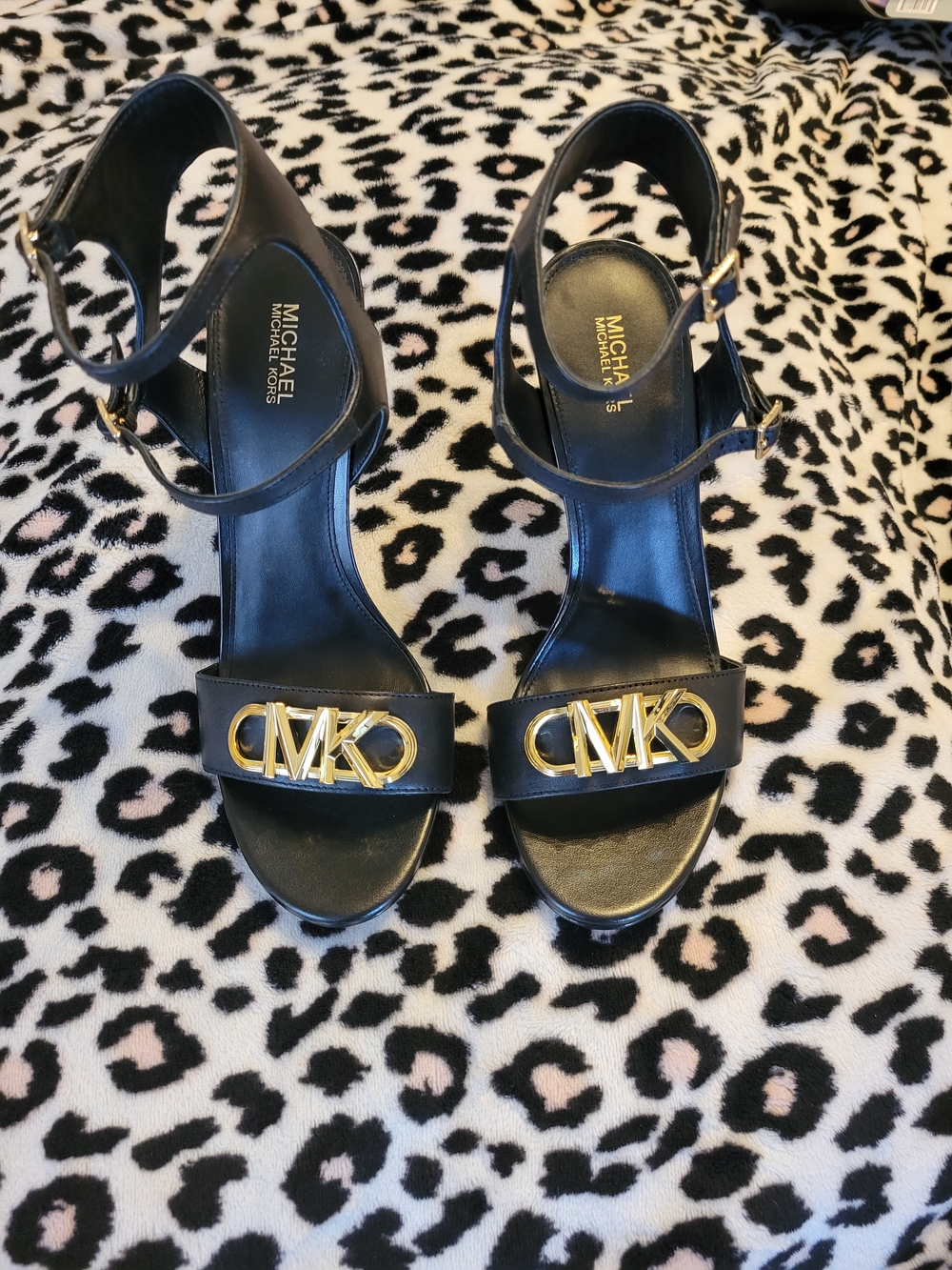 MICHAEL Michael Kors Black Sandal with Gold MK Hardware